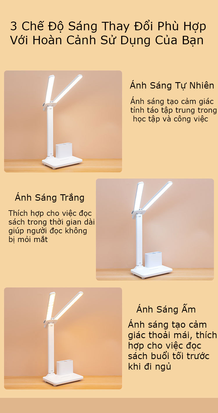 Đèn LED Để Bàn Học, Bàn Làm Việc, Thiết Kế Sáng Tạo Với 2 Thanh Led Rời Kèm Khay Cắm Bút Tiện Dụng, Cảm Ứng Tích Điện Pin - Hàng Chính Hãng KUNBE