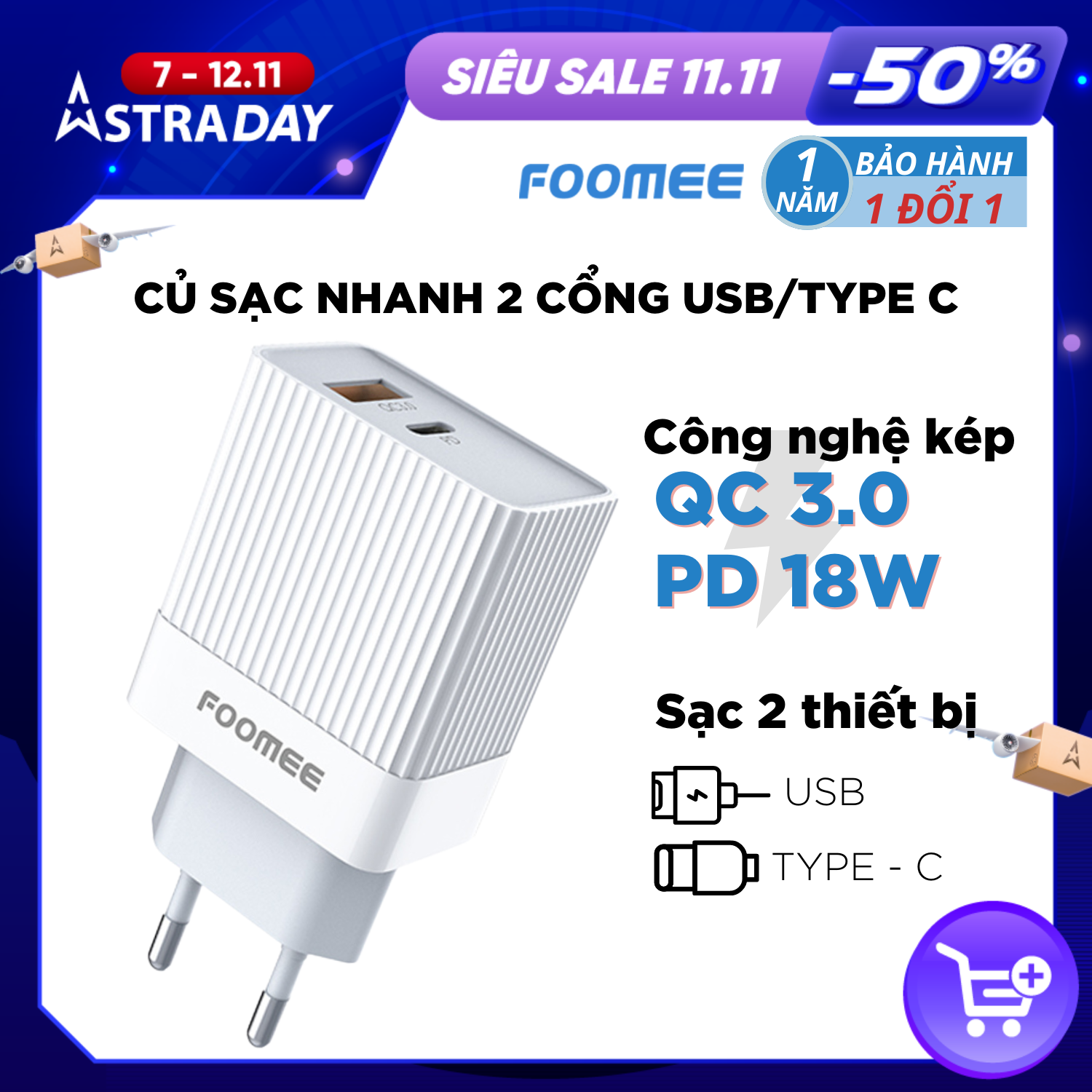 Củ sạc QC+PD18W FOOMEE CQ20 - Màu Trắng/Đen - Sạc Nhanh 3A 18W - Hàng chính hãng