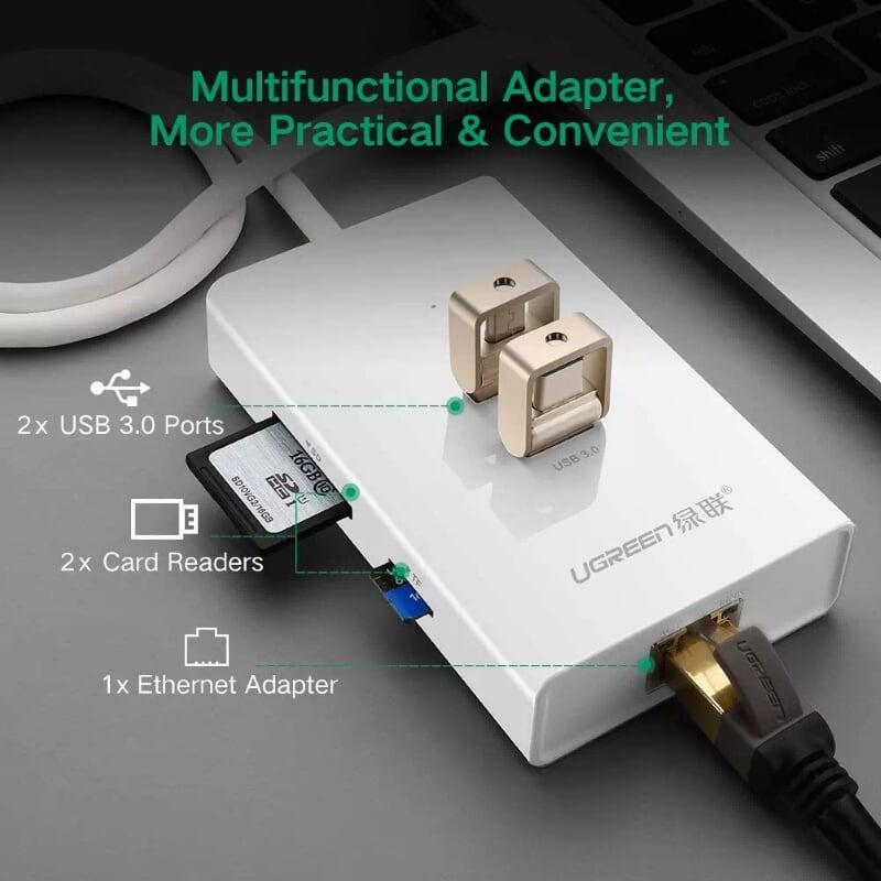 Ugreen UG2024820248TK 0.5M màu Trắng HUB chuyển đổi USB 3.0 sang 2 USB 3.0 + LAN + SD TF cao cấp - HÀNG CHÍNH HÃNG