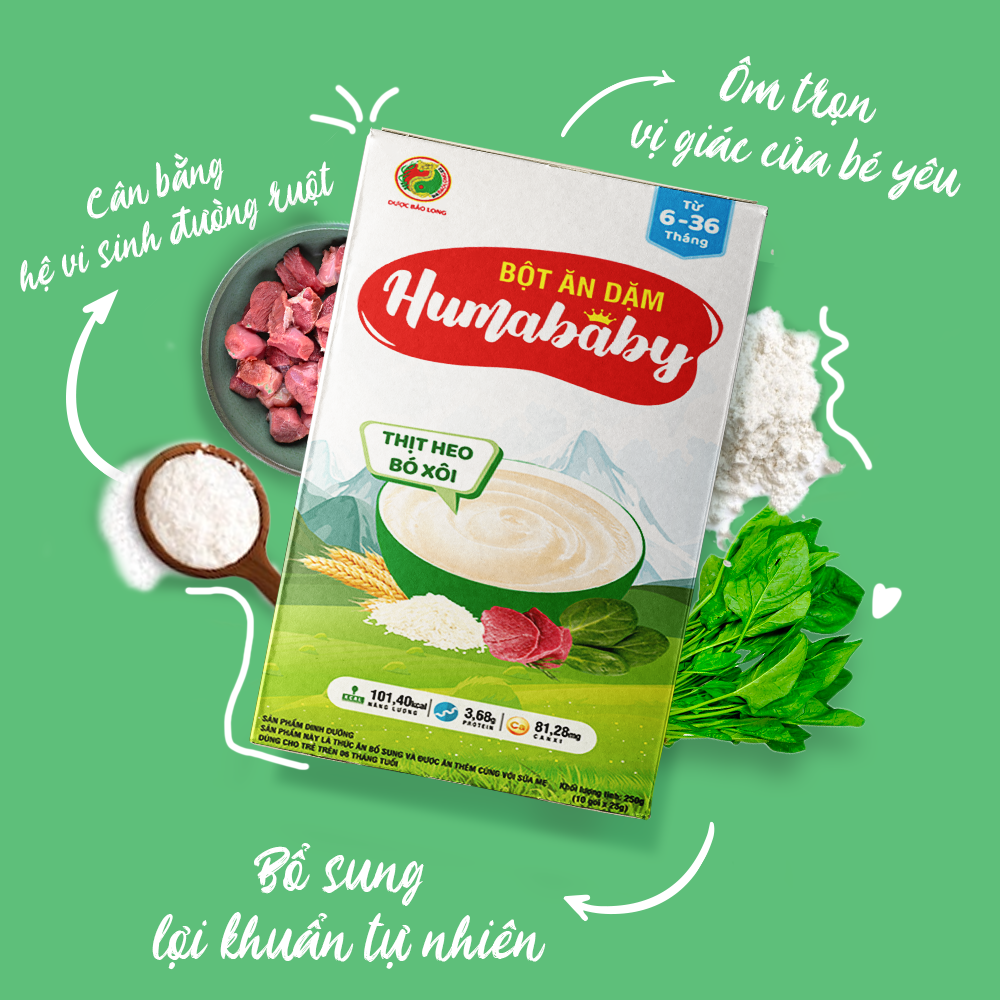 Bột Ăn Dặm Humababy Vị Thịt Heo - Bó Xôi - Hộp 10 Gói x 25g