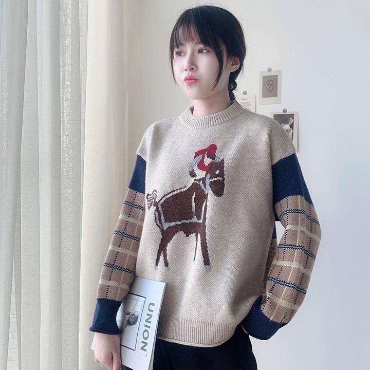 Áo len ulzzang nữ họa tiết form rộng cổ tròn thêu hình con dê dễ thương