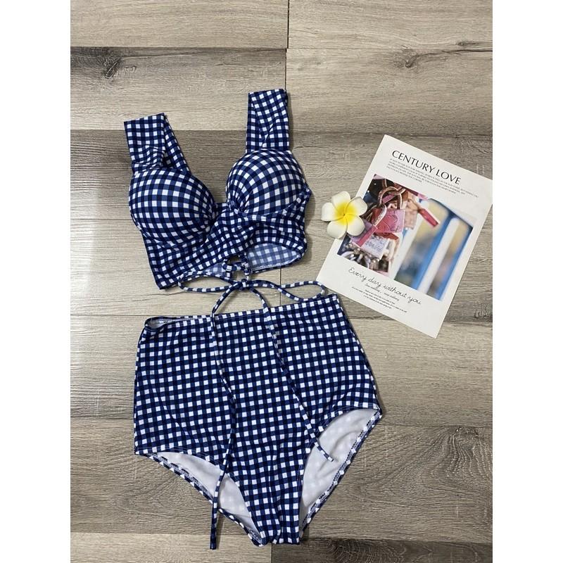 Bikini đồ bơi caro xanh áo đan dây sau lưng