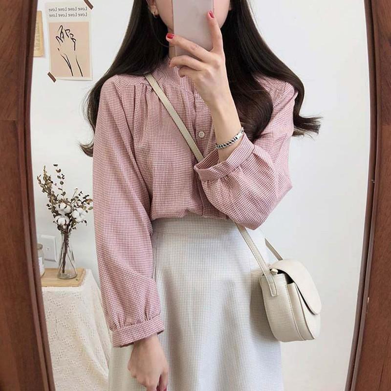 Áo sơ mi caro cổ tròn tay phồng thời trang Hàn Quốc cho nữ