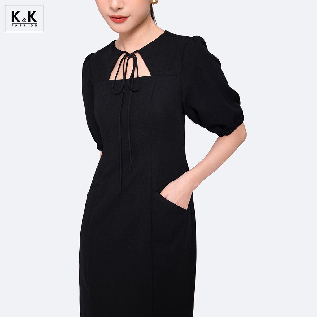 Đầm Đen Công Sở Cổ Cut Out Tay Lửng K&amp;K Fashion KK119-30 Chất Liệu Tuyết Mưa