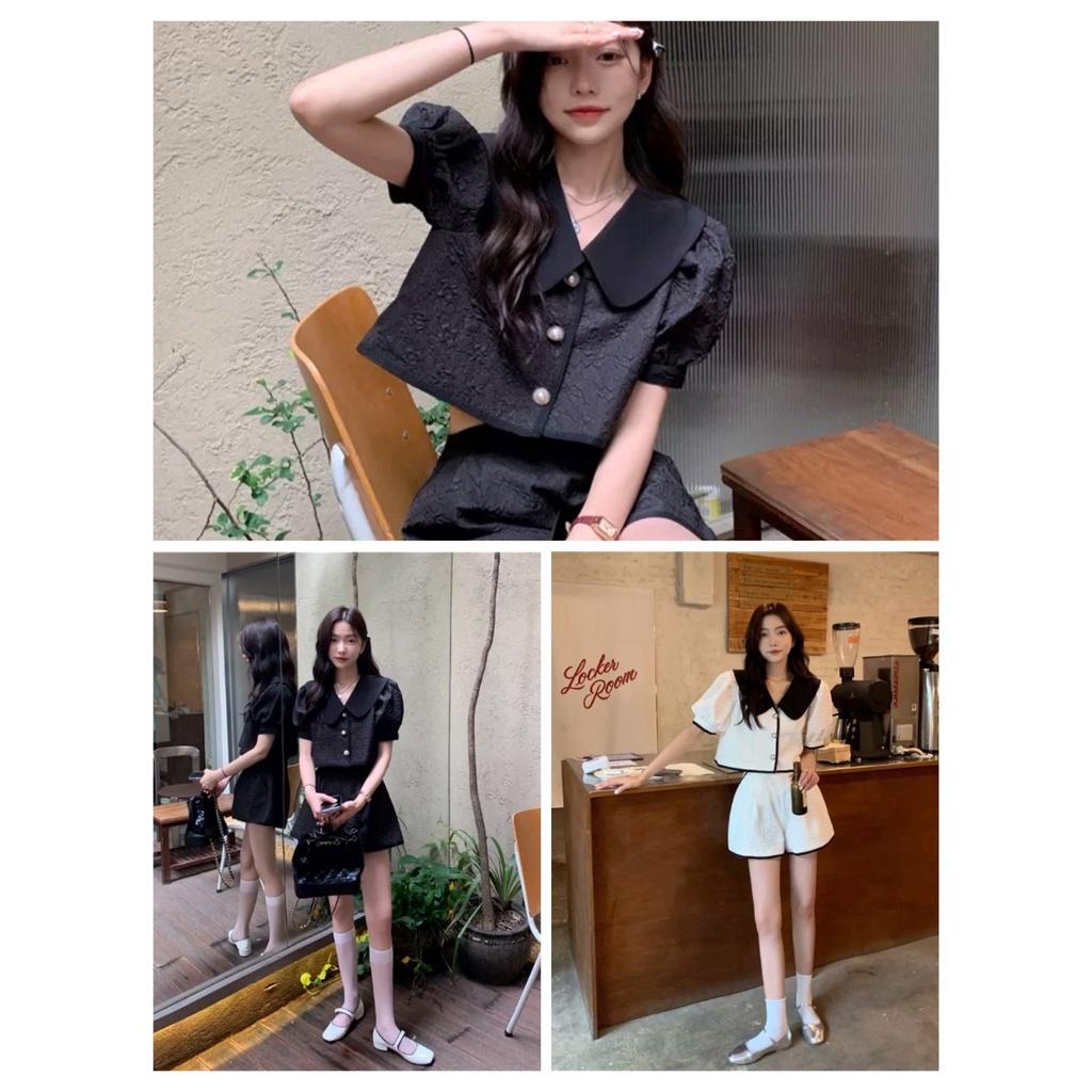 Bộ Áo Sơ Mi Cộc Tay Cúc Ngọc Kèm Quần Short Vải Hoa Gấm