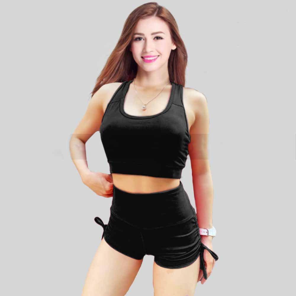 Bộ bra tập gym yoga earobic phối viền bo xiết eo kết hợp quần đùi cho nữ màu Xám Đen sét t