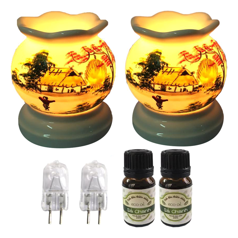 Combo 2 đèn xông tinh dầu MNB03 kèm 2 tinh dầu sả chanh Eco 10ml và 2 bóng đèn