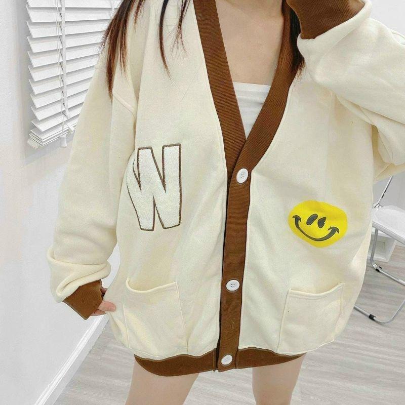 Áo Khoác nỉ bông FY mặt cười form rộng,tay phồng bo nhún,Mẫu áo nỉ bomber dây kéo phao unisex nam nữ