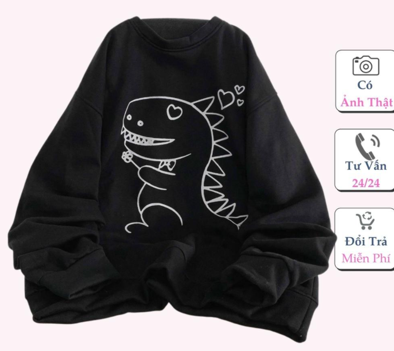 Áo Sweater Nỉ Ngoại In Khủng Long Áo Swt Nỉ Tay Phồng Unisex In Sắc Nét