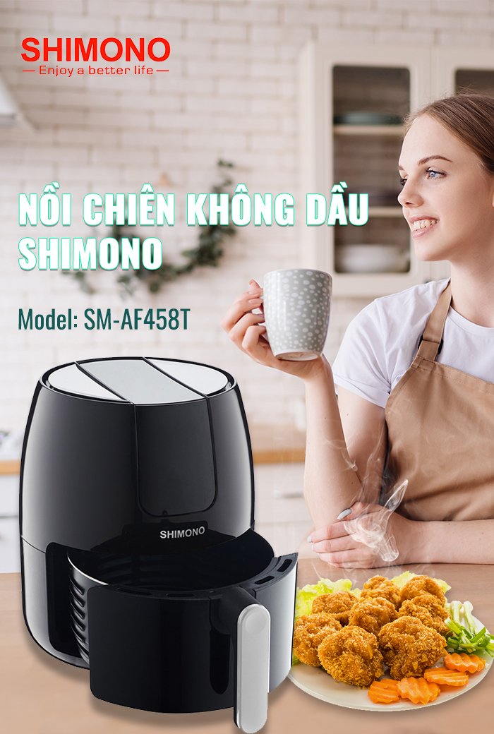 Nồi Chiên Không Dầu Shimono SM-AF458T 4,5L 1500W Cao Cấp Tiêu Chuẩn FDA Hoa Kỳ, LFGB Đức Tặng Kèm Trọn Bộ 9 Phụ Kiện Hàng Chính Hãng