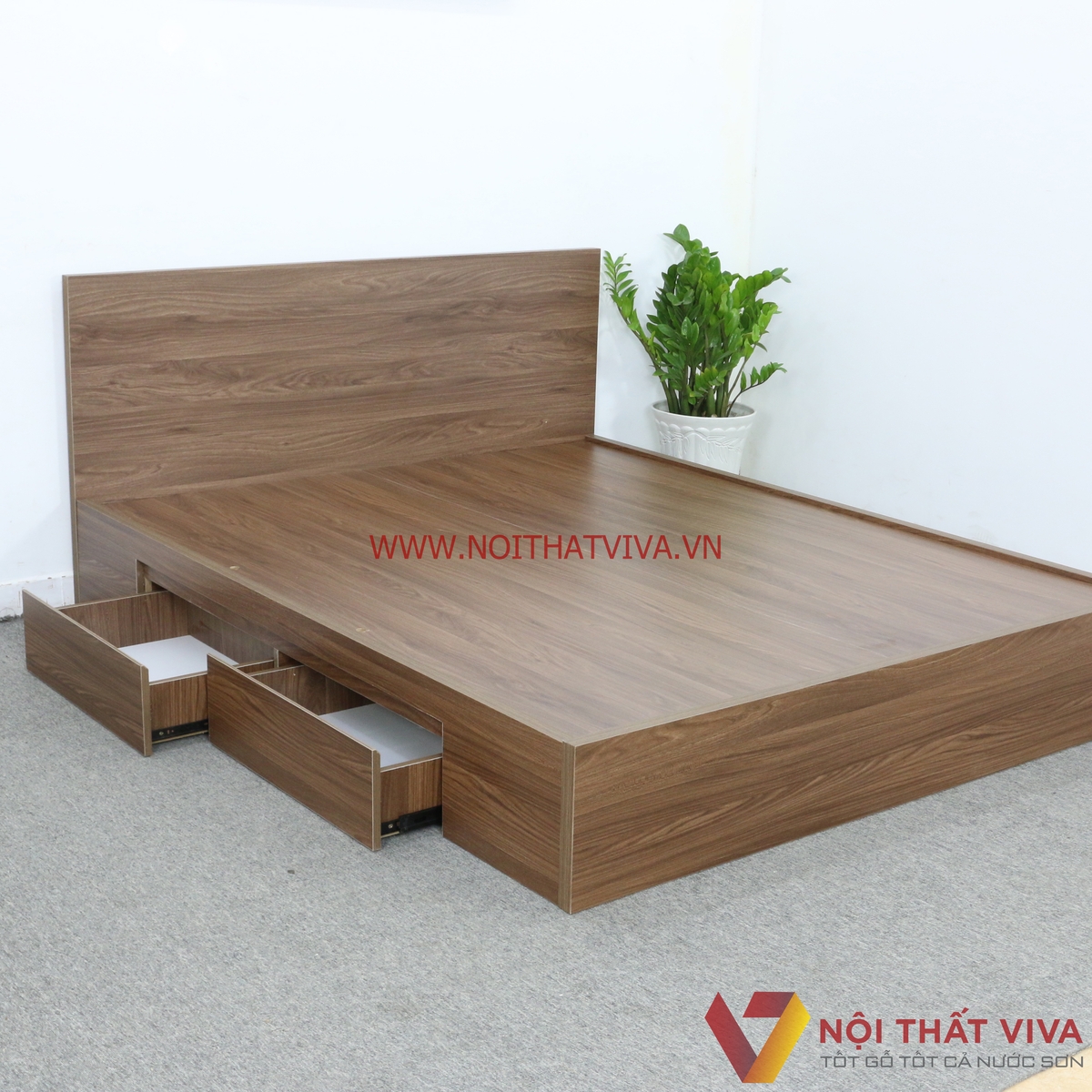 Giường Ngủ Gỗ MDF Phủ Melamine Ngăn Kéo Màu Óc Chó