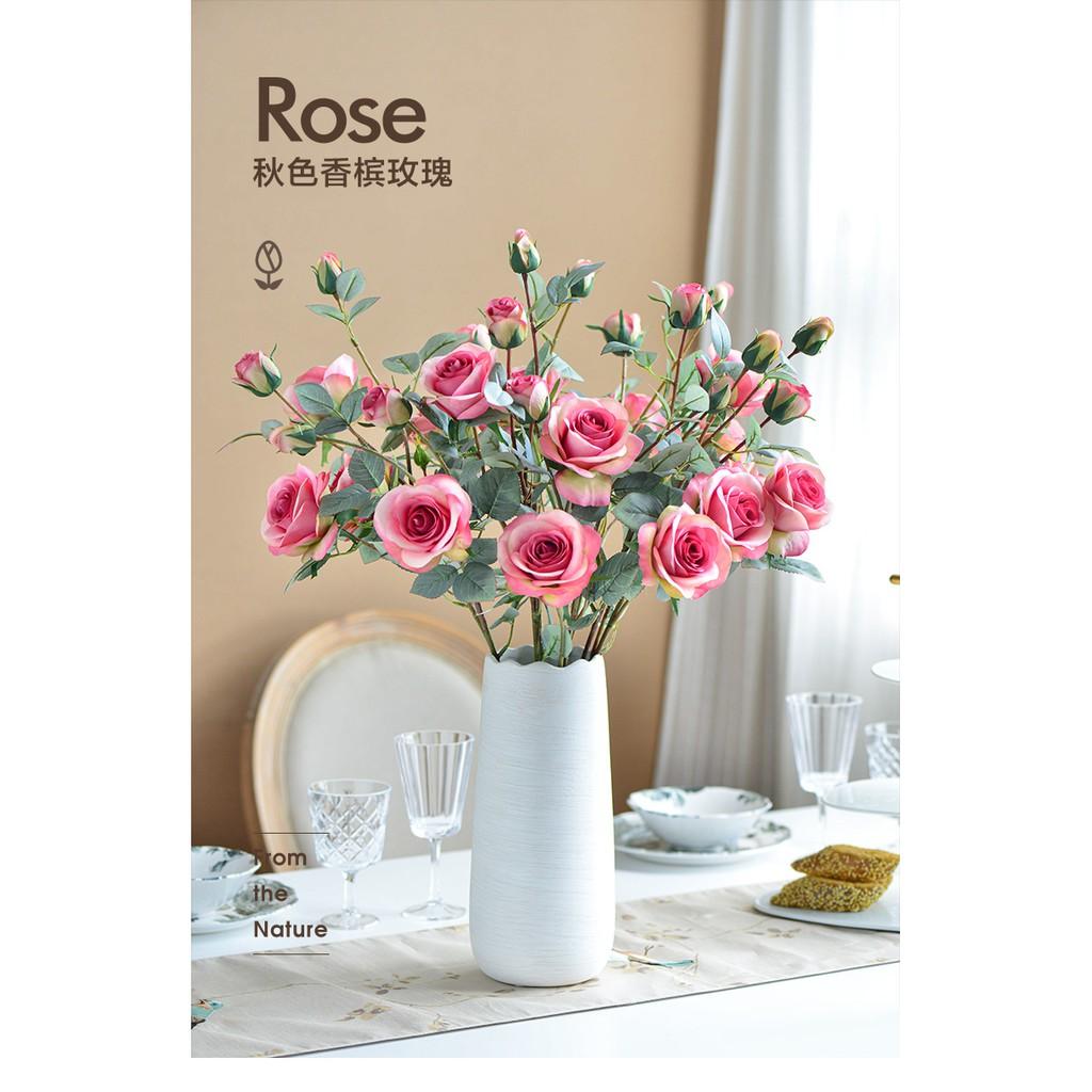 Hoa lụa cao cấp, cành 4 bông hoa hồng Pháp decor phòng khách, trang trí nội thất sang trọng