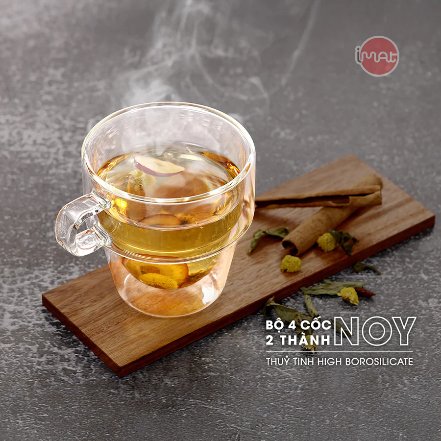 Bộ 4 Cốc IMAT NOY cao cấp 250ml Thủy Tinh Borosilicate Hai Lớp Cách Nhiệt, Chịu Nhiệt Cao, An Toàn