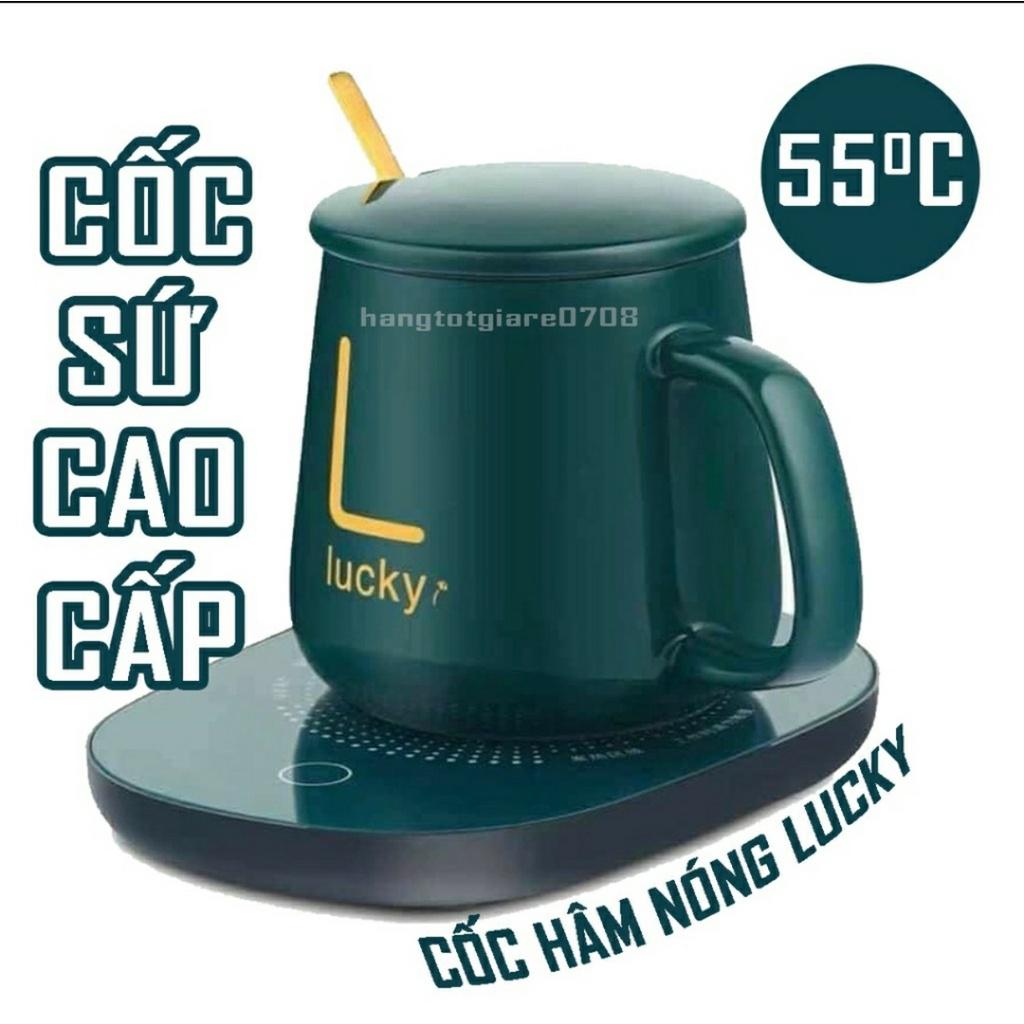 Bộ Ly Sứ Làm Nóng Trà Cafe Tự Động LUCKY, Bộ Cốc Hâm Nóng Đồ Uống Bằng Sứ Sang Chảnh Tặng Thìa Mạ Vàng Cao Cấp