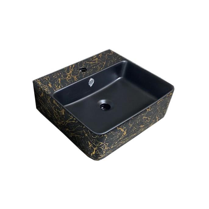 Chậu sứ lavabo để bàn hình chữ nhật có vòi trên, màu đen, họa tiết vàng đen