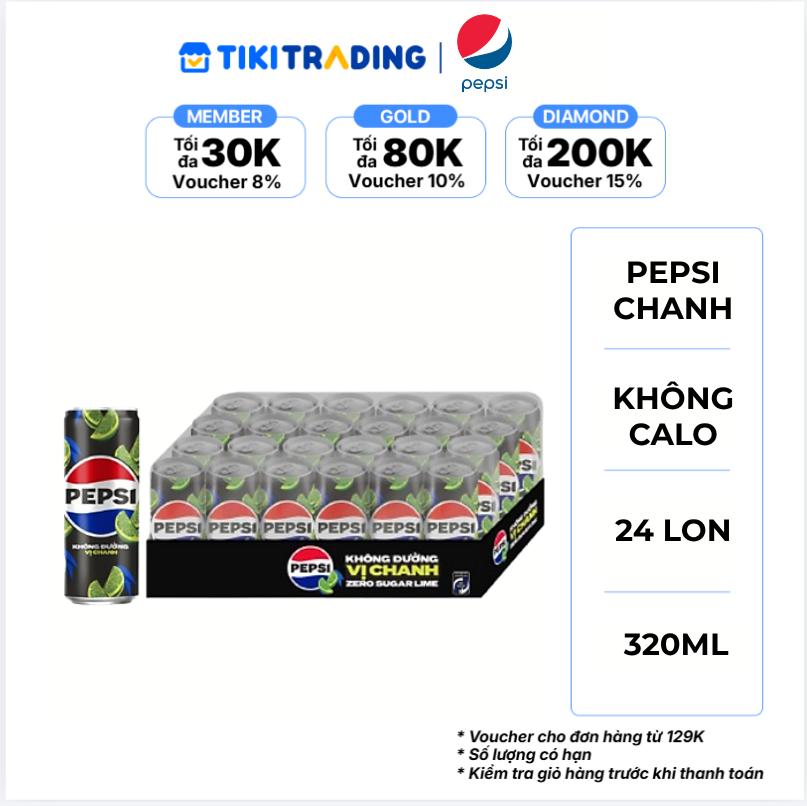 Thùng 24 Lon Nước Uống Có Gaz Pepsi Vị Chanh Không Calo 320mlLon