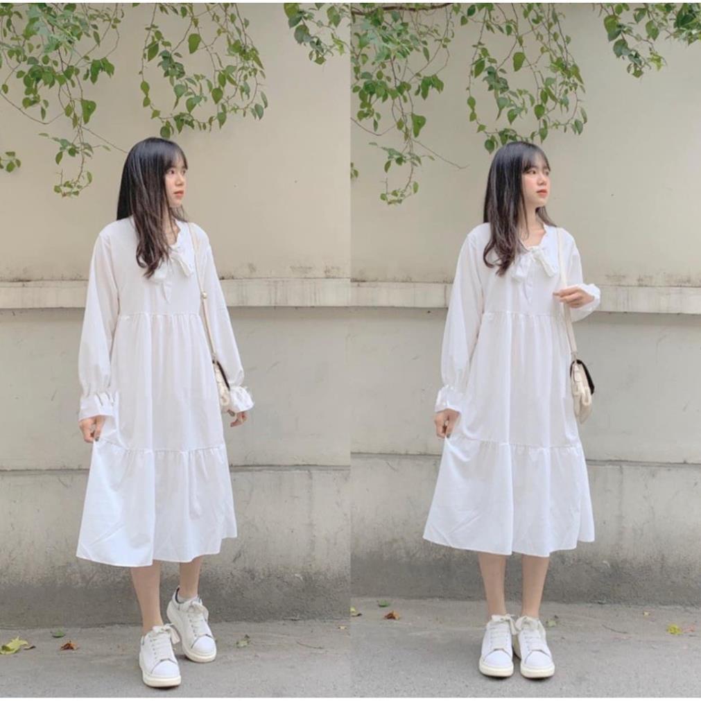 Đầm midi buộc nơ 3 tầng nữ - Váy tay dài viền bèo thiết kế nhẹ nhàng bánh bèo tiểu thư SIÊU HOT ! *