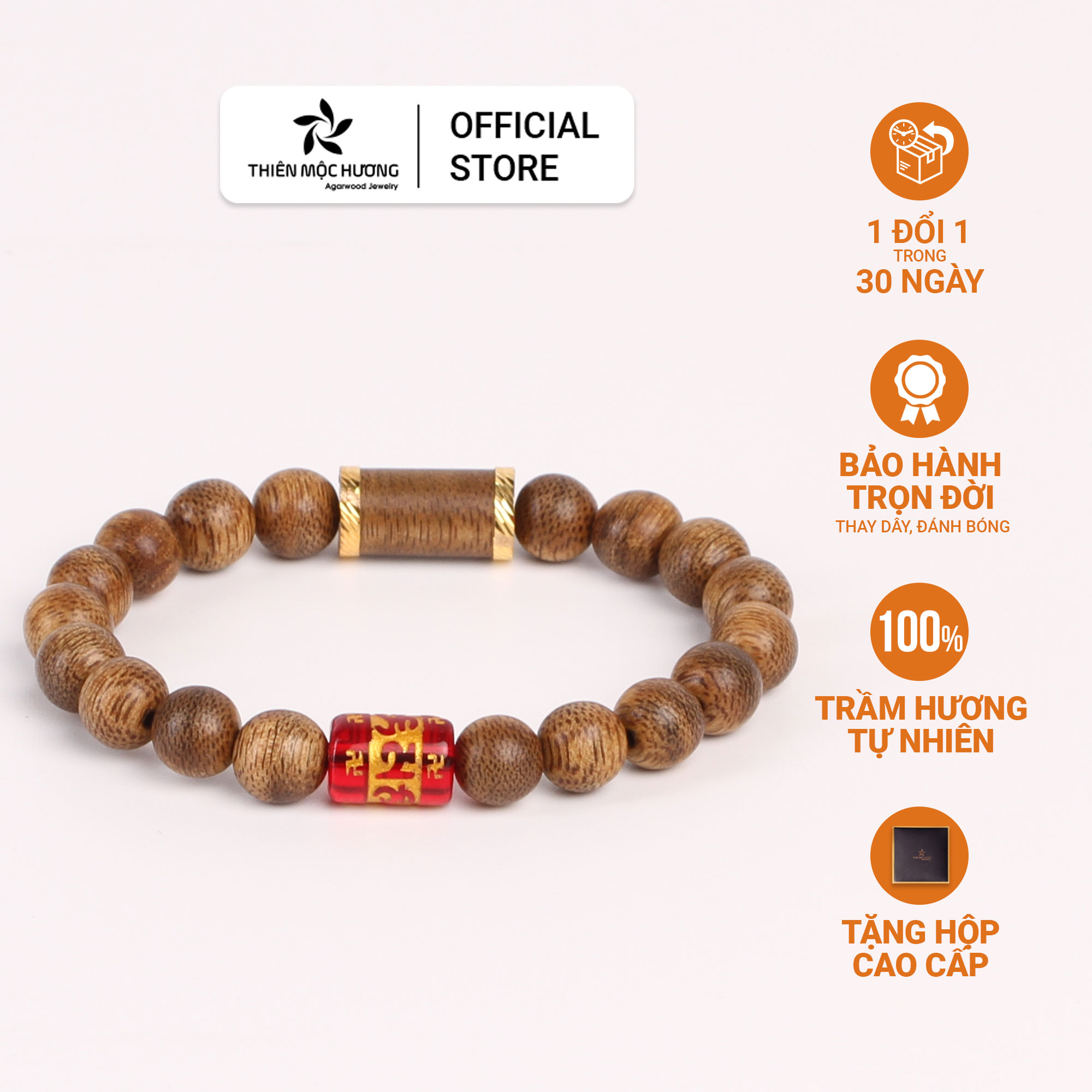 Vòng tay Trầm Hương Tây Tạng khắc chữ Om Mani Padme Hum mix trụ trúc bọc vàng 18K - Trầm Tốc Lào tự nhiên, thơm dịu - Thiên Mộc Hương