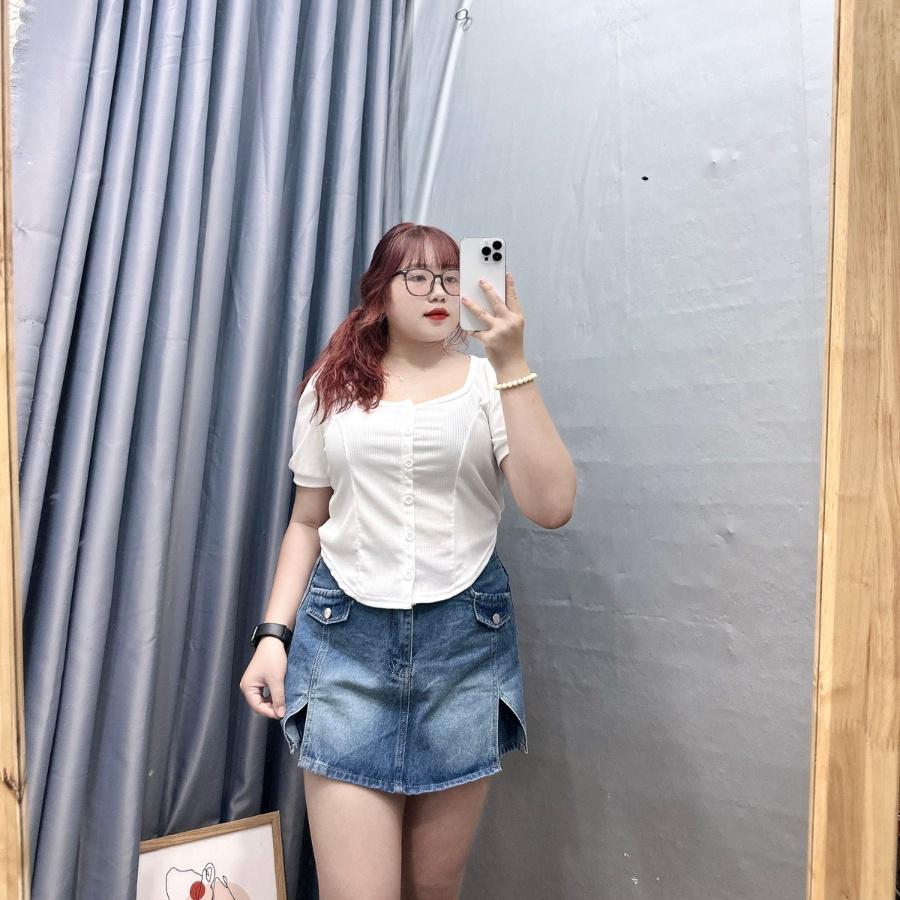 Áo thun tay ngắn cổ vuông bigsize nút kiểu bigsizeconho dáng croptop, Áo phông phom rộng chất gân tăm 58-92kg G39 - Trắng