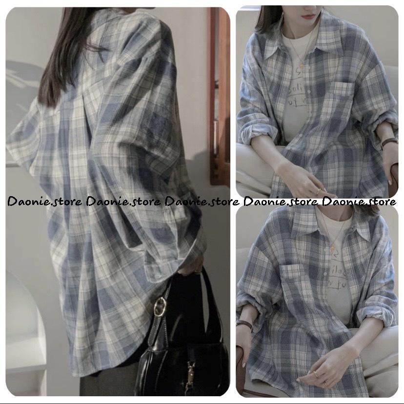 Áo sơ mi nữ dài tay kẻ caro xanh bản to unisex phong cách Hàn Quốc form rộng