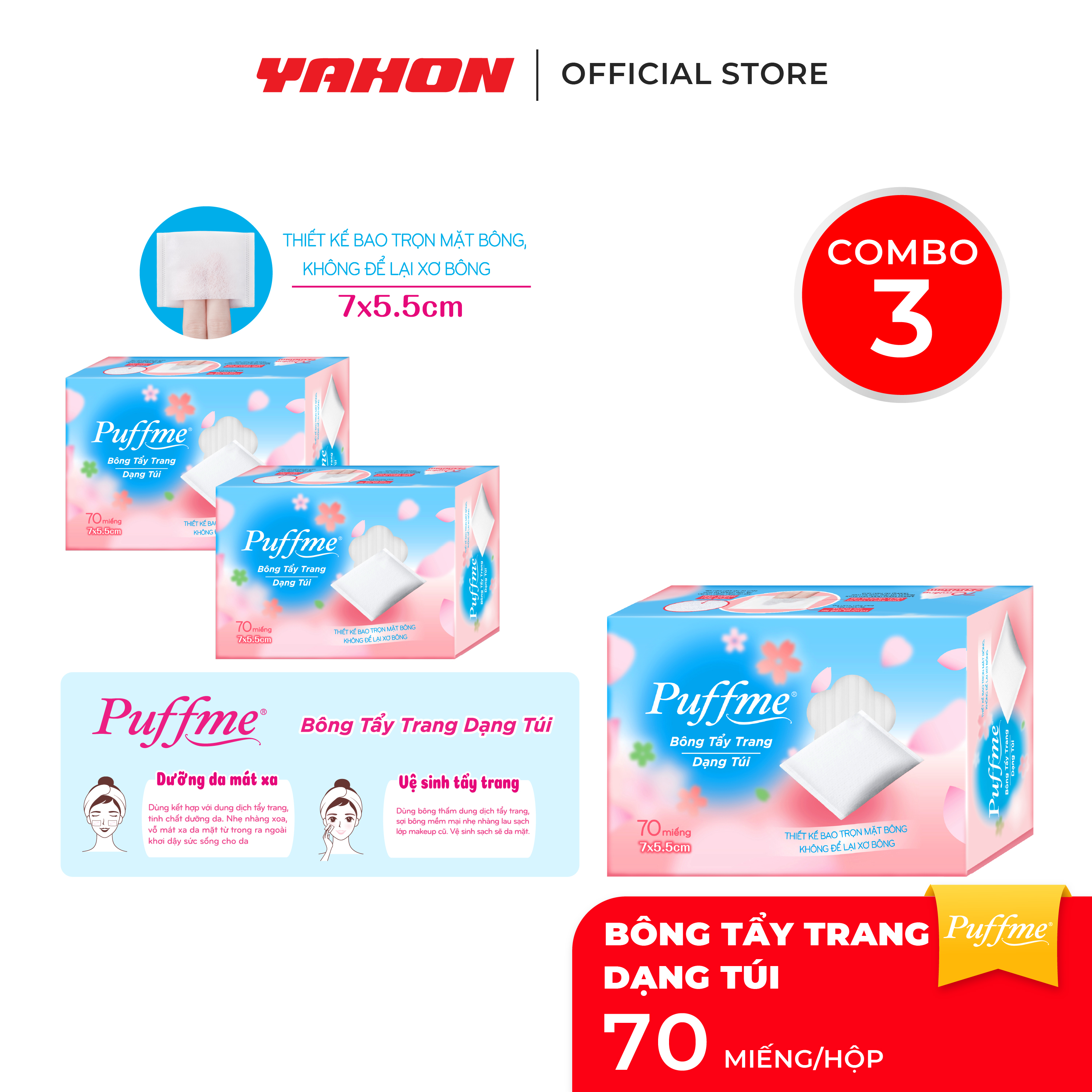 Combo Hộp Bông Tẩy Trang Dạng Túi PUFFME, 70 Miếng/Hộp
