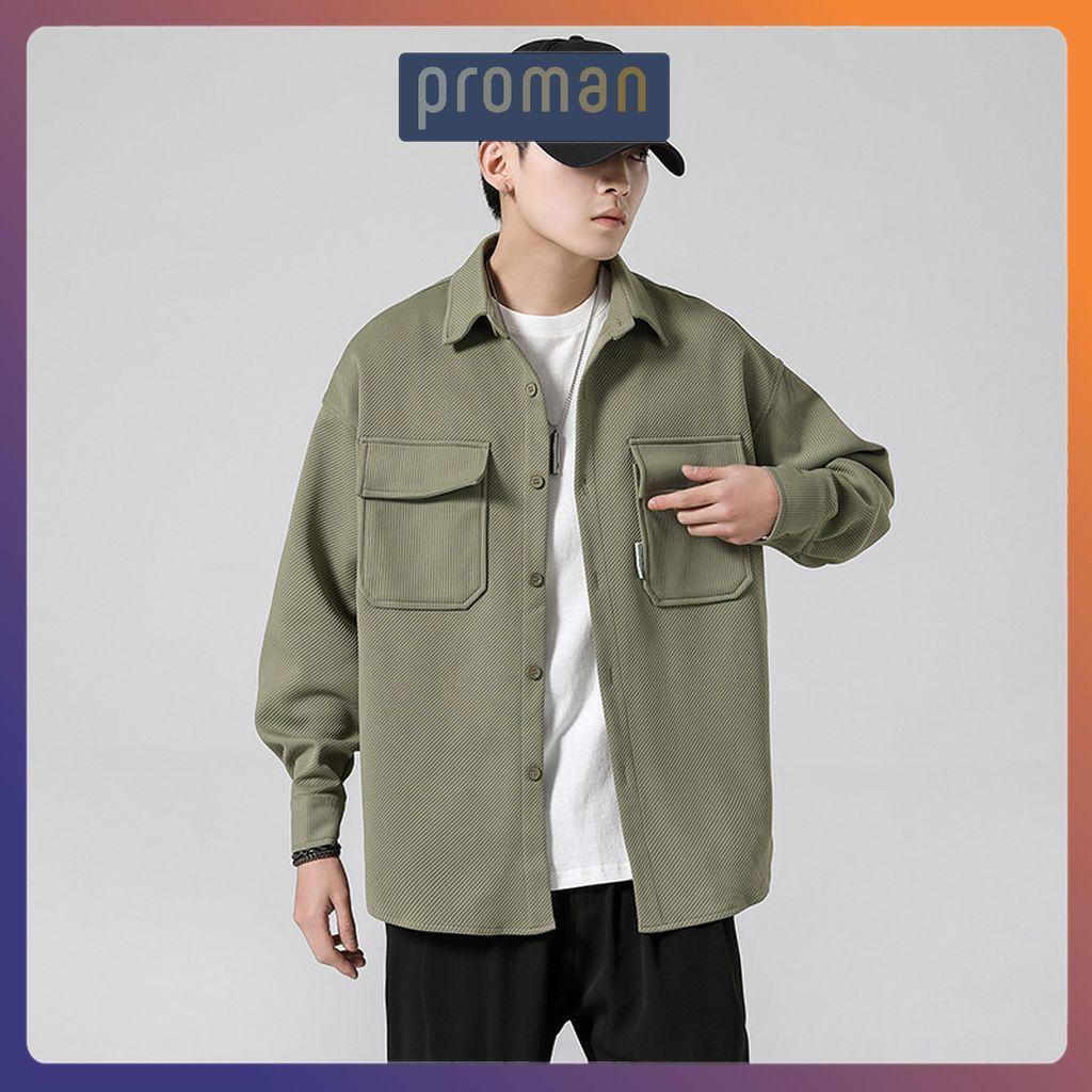 Áo khoác nam sơ mi form RỘNG dài tay cotton tăm, Áo khoác Sơ mi nam nữ có cổ phong cách hàn quốc SM03 - PROMAN
