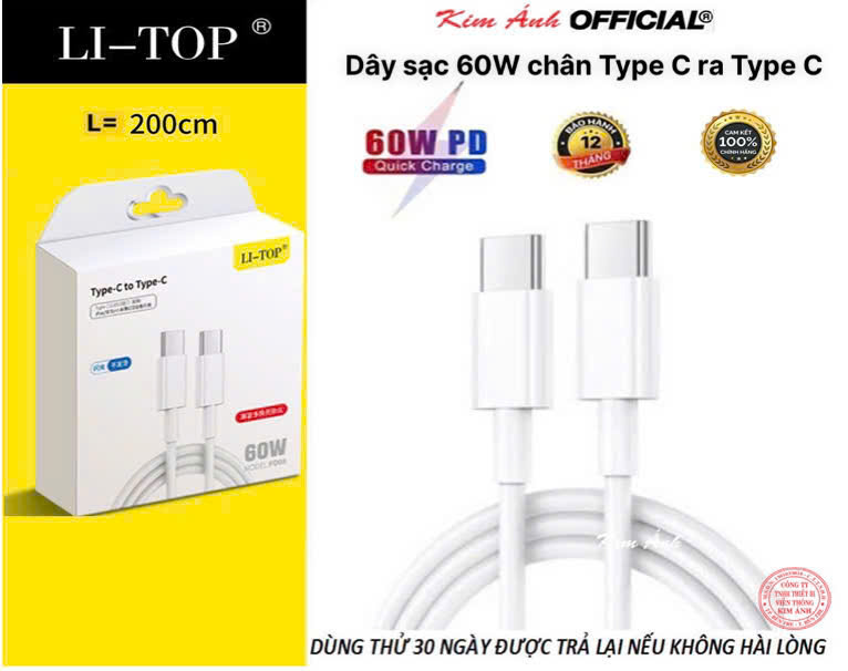 2m- Dây sạc LI-TOP PD08 Công suất 60W chân Type C ra Type C, Kim Ánh cho dùng thử 30 ngày, bảo hành hàng chính hãng 12 tháng