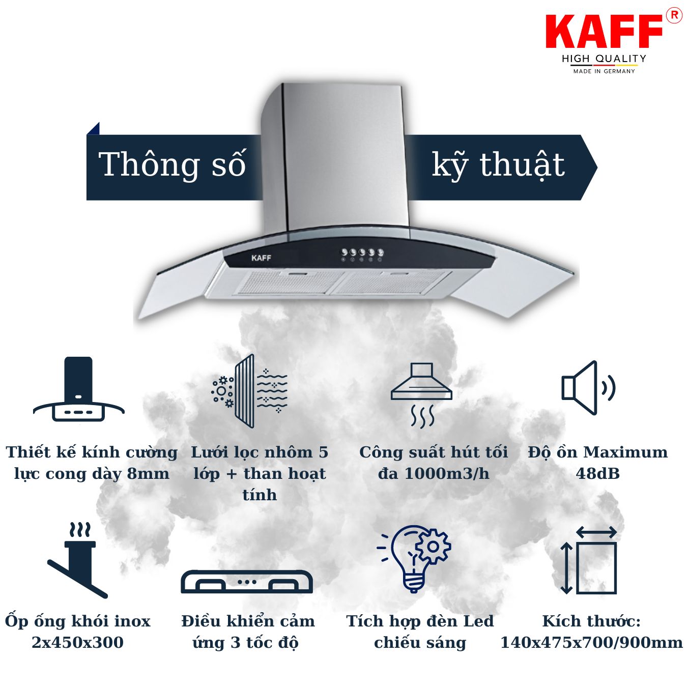 Máy hút mùi kính cong 900mm KAFF KF-GB906 Tặng bộ lọc than thay thế - Hàng Chính Hãng