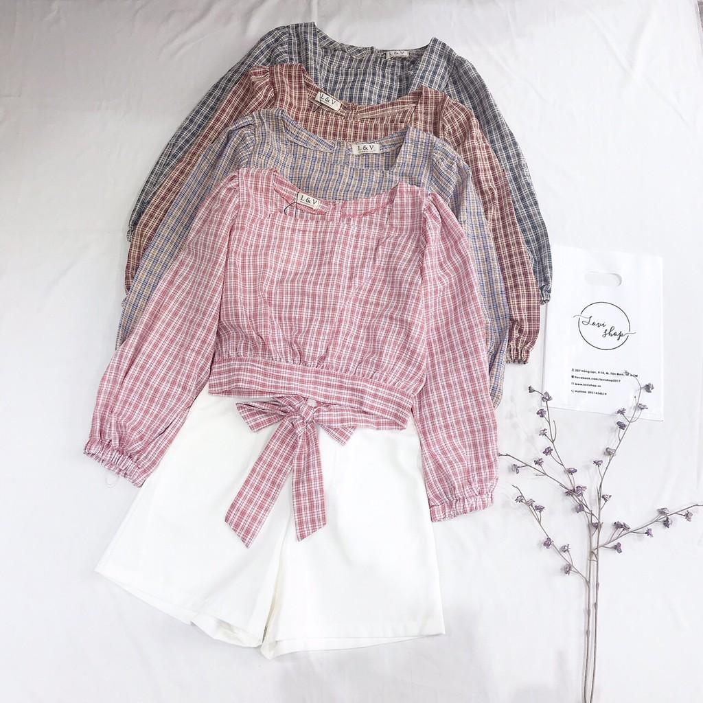 Áo caro nơ lưng tay dài cổ vuông Lovi