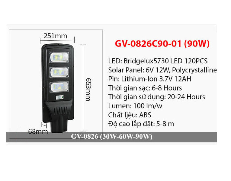 Đèn chiếu sáng đường phố năng lượng mặt trời GV-SL0826 (30W-60W-90W)