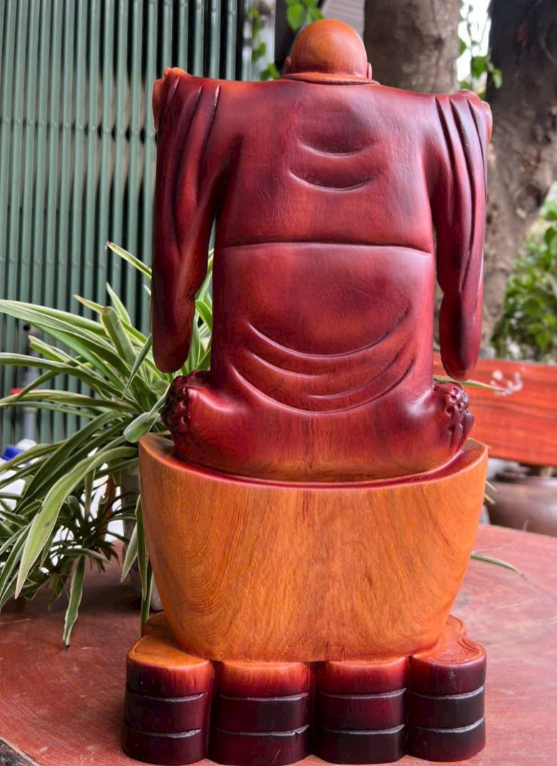 Tượng Phật Di lặc nghênh hỷ bằng gỗ hương đá sơn pu giả cổ kt cao 50×26×12cm