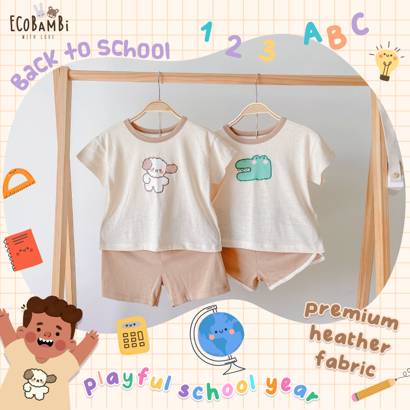 Bộ UNISEX quần LỠ thun cotton Heather phong cách Hàn Quốc in hoạ tiết nổi dễ thương cho bé ECOBAMBI