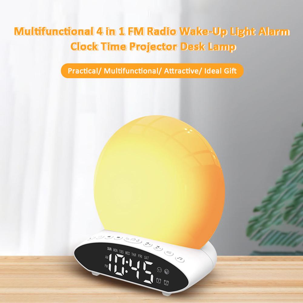 Multifunctional 4 in 1 FM Radio Wake-Up Light Alarm Clock T-ime Projector Desk Lamp 2 * AAA Cell Powered Operated Memory