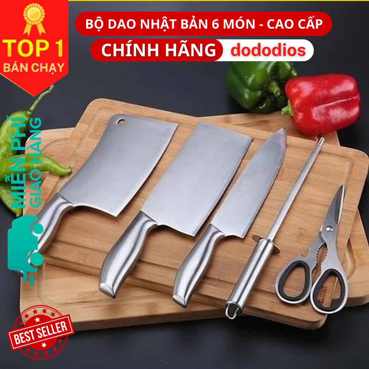 Bộ Dao Nhà Bếp Cao Cấp - Bộ Dao Kéo 6 Món Nhật Bản Cao Cấp chóng han gỉ, tặng kèm khay để giao kéo - Hàng chính hãng dododios - Logo trên thân bộ dao là hình và kí tự ngẫu nhiên