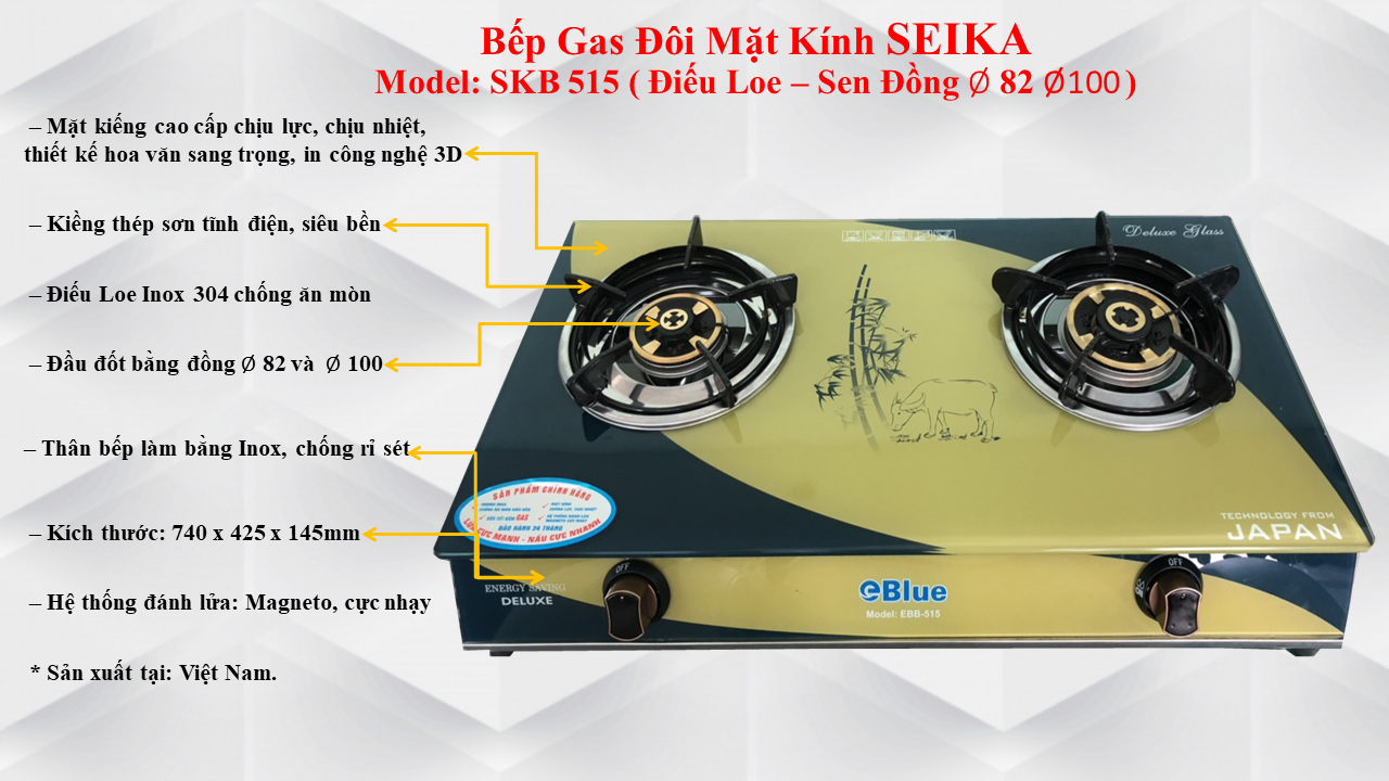 Bếp Gas Đôi Mặt Kính SEIKA. (Sen Đồng) SKB515 - Hàng chính hãng