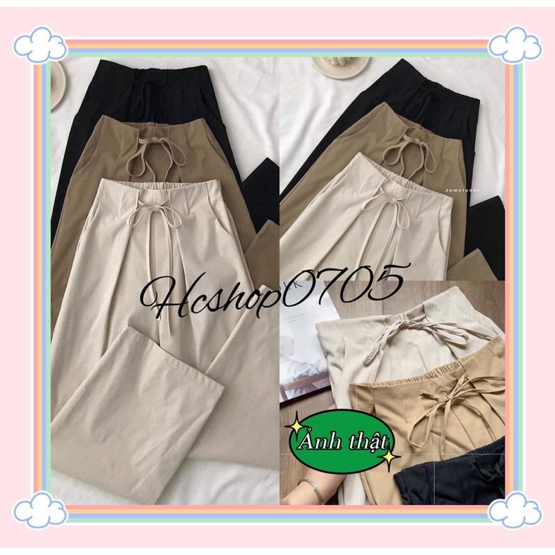 Quần ống rộng suông, Quần culottes nữ lưng cao thắt dây nơ lưng chun chất kaki thô