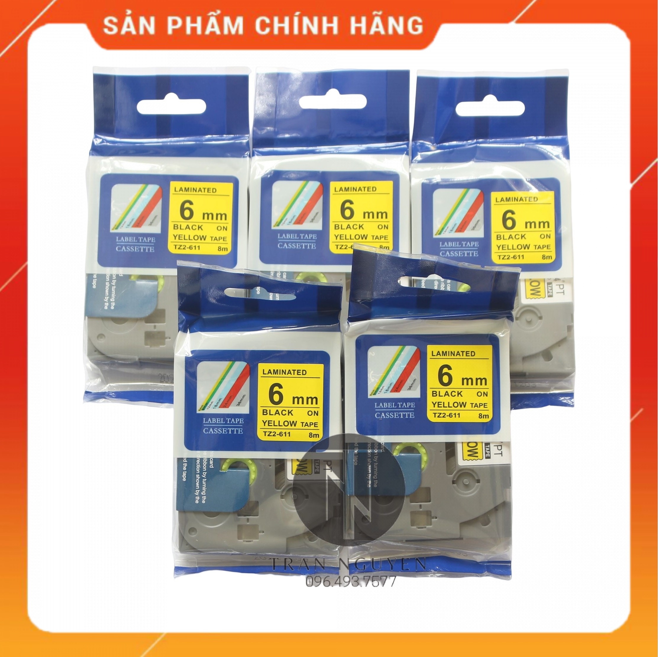 Nhãn In đa lớp Tz2-611 - Đen nền vàng 6mm x 8m - Hàng nhập khẩu