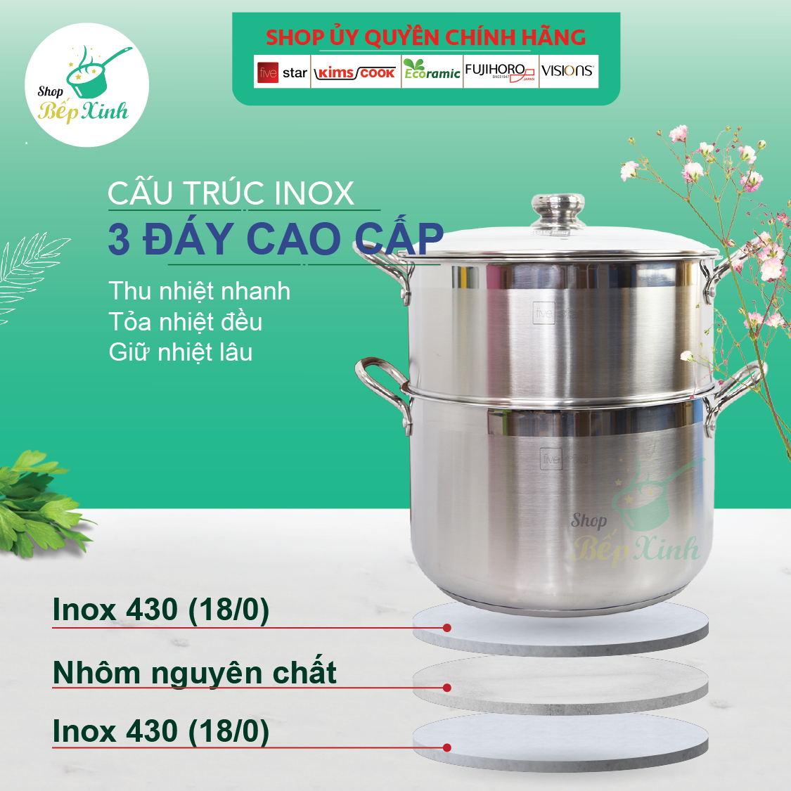 Bộ nồi xửng hấp inox 430 bếp từ 3 đáy Fivestar 30cm nắp kính - tặng 1 muỗng canh
