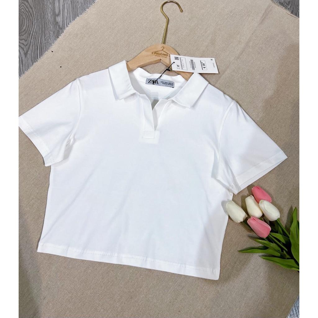 Áo croptop có cổ polo V nữ dáng suông tay ngắn chất cotton Simple cao cấp màu đen trắng đi chơi, đi làm