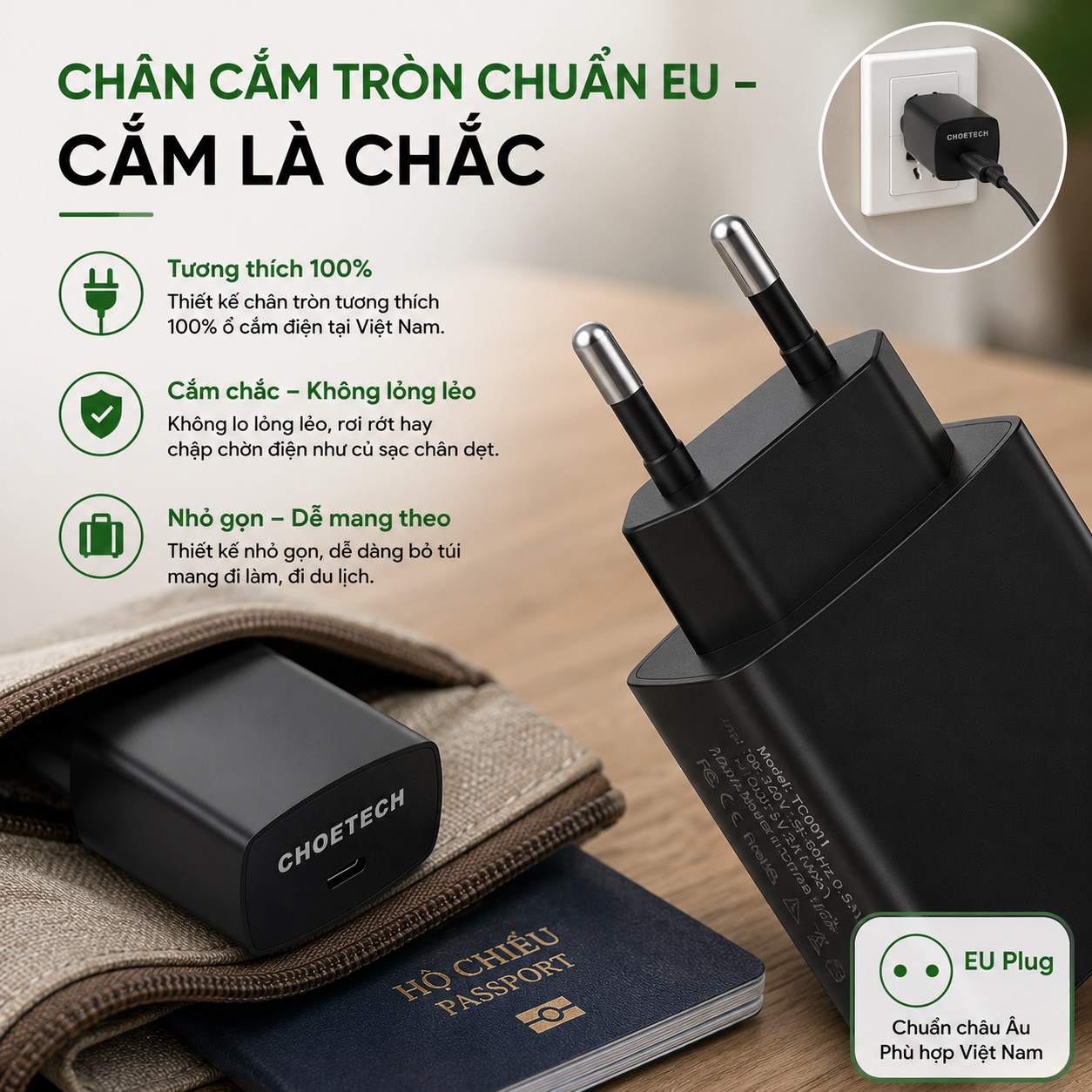 Bộ Củ Sạc Nhanh CHOETECH TC001 PD 3.0 15W Type-C | Tặng Cáp Type-C Sạc Nhanh An Toàn Pin Chip IC Thông Minh Cho iPhone Samsung Xiaomi OPPO Vivo cho iPad Tai Nghe Pin Dự Phòng - Hàng nhập khẩu