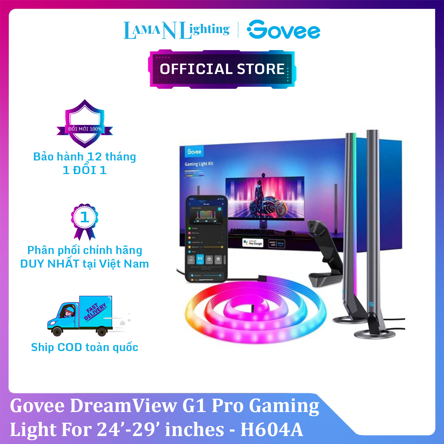 Đèn LED RGB Gaming Govee DreamView G1 Pro Gaming Light H604A | Đèn cho không gian chơi game, giải trí | Chuyển màu theo màn hình