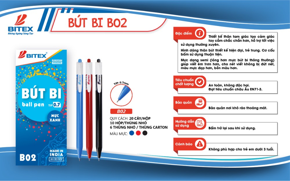 Bút bi Bitex (0.7mm) B02 - Xanh, đỏ, đen (20 cây/hộp)