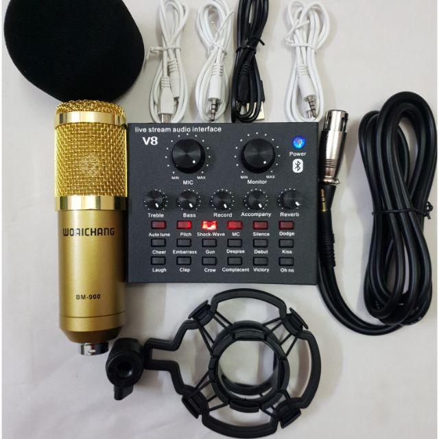 Combo Bộ míc thu âm BM900 và Sound Card V8 chuyên dụng hát live stream với đầy đủ chức năng chỉnh giọng âm thanh