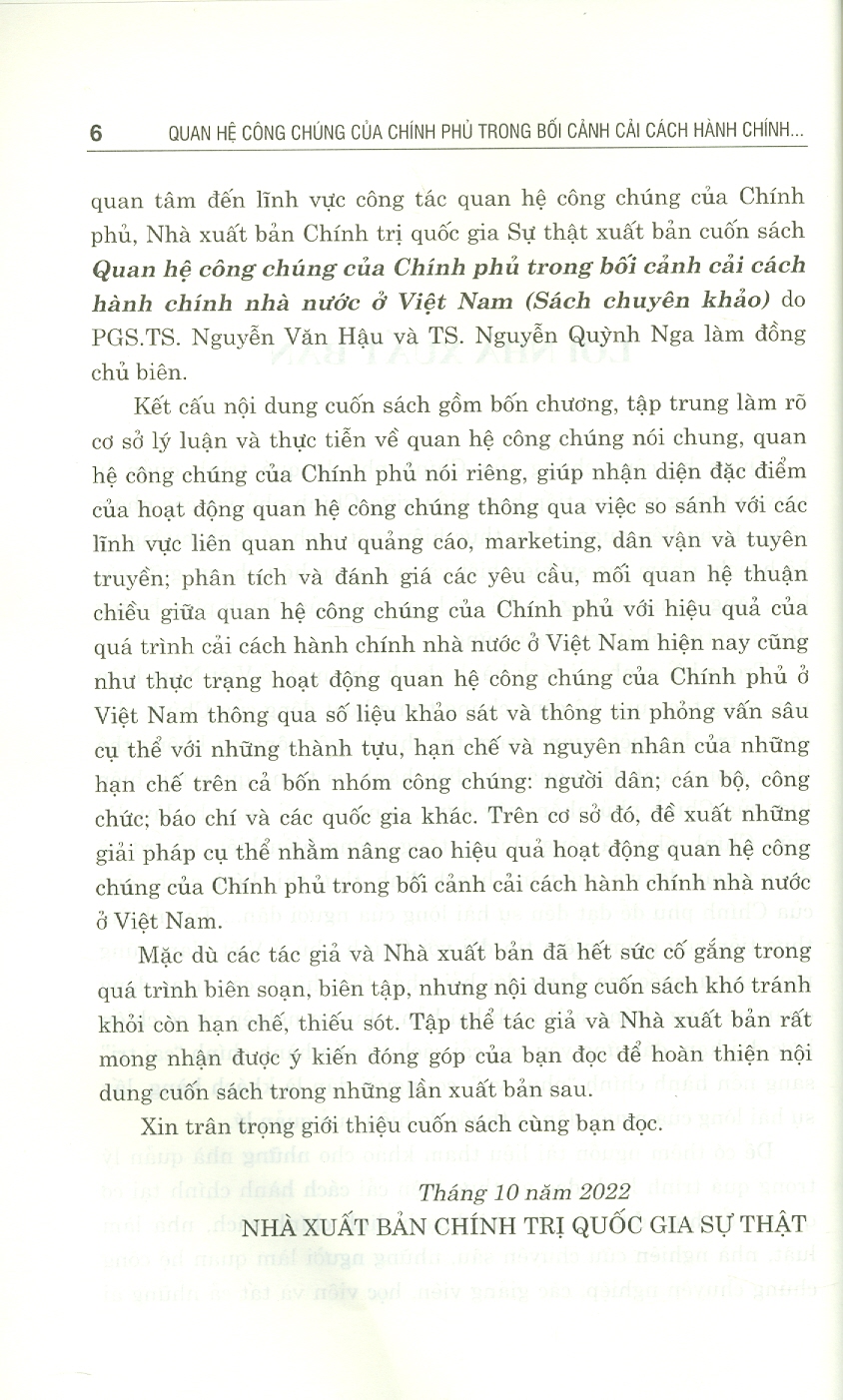 Quan Hệ Công Chúng Của Chính Phủ Trong Bối Cảnh Cải Cách Hành Chính Nhà Nước Ở Việt Nam (Sách chuyên khảo)