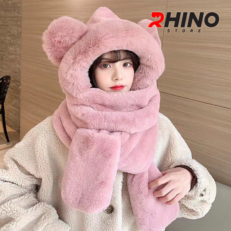 Mũ lông, mũ len kèm khăn quàng Rhino WS101 ấm áp, dễ thương hàng chính hãng