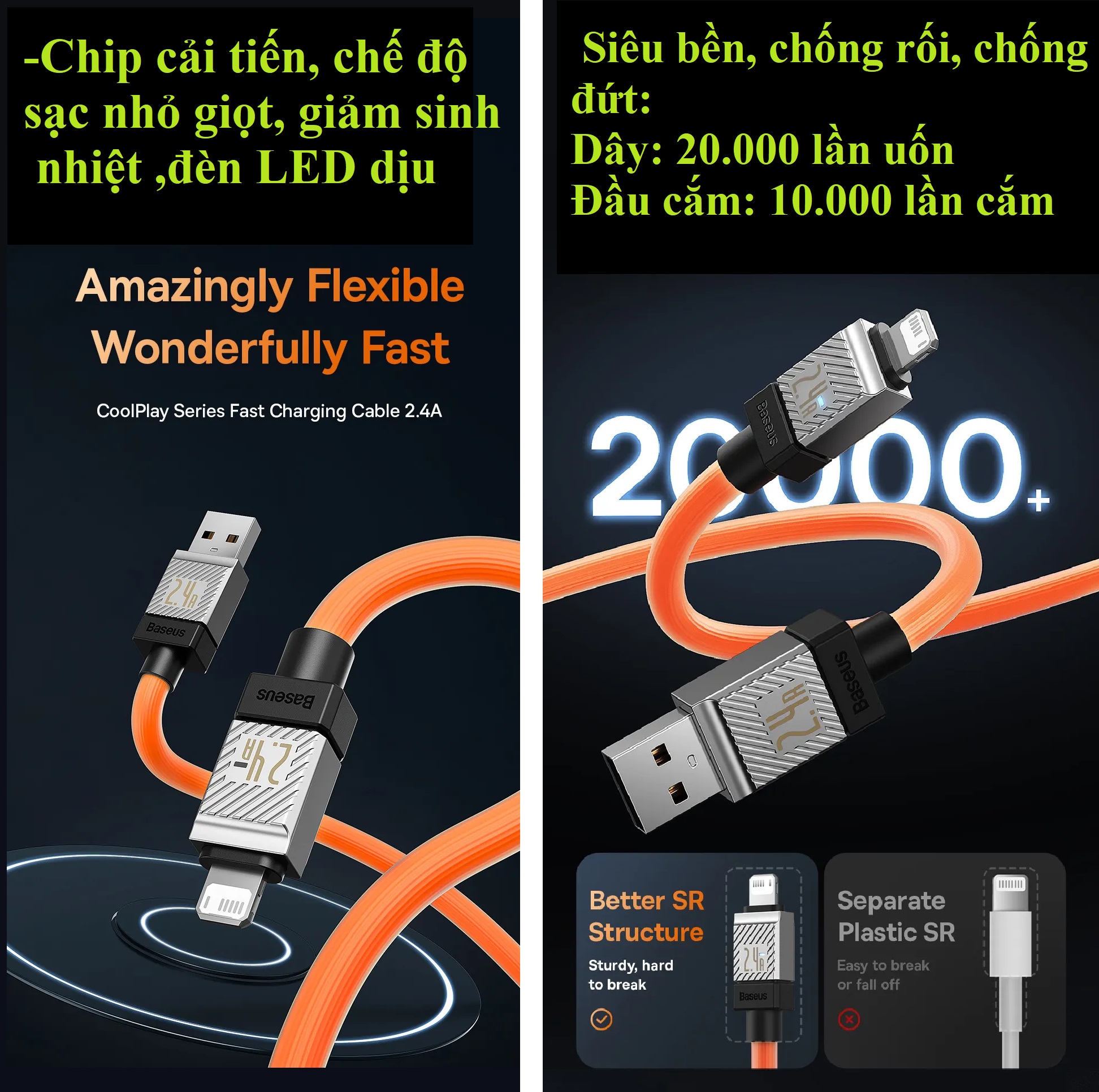 Cáp sạc và dữ liệu Usb-iP 2.4A đèn LED dây TPE dẻo siêu bền Baseus Coolplay CB00004 - Hàng chính hãng