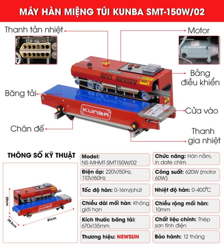 Máy hàn miệng túi Kunba SMT-150W (vỏ sơn) NEWSUN - Hàn nằm, in date chìm - Hàng chính hãng