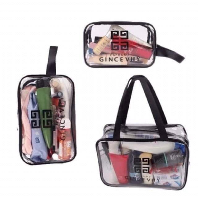 SET 3 TÚI ĐỰNG MĨ PHẨM QUẦN ÁO TRONG SUỐT GIVENCHY VÀ TRAVEL CÓ QUAI SÁCH