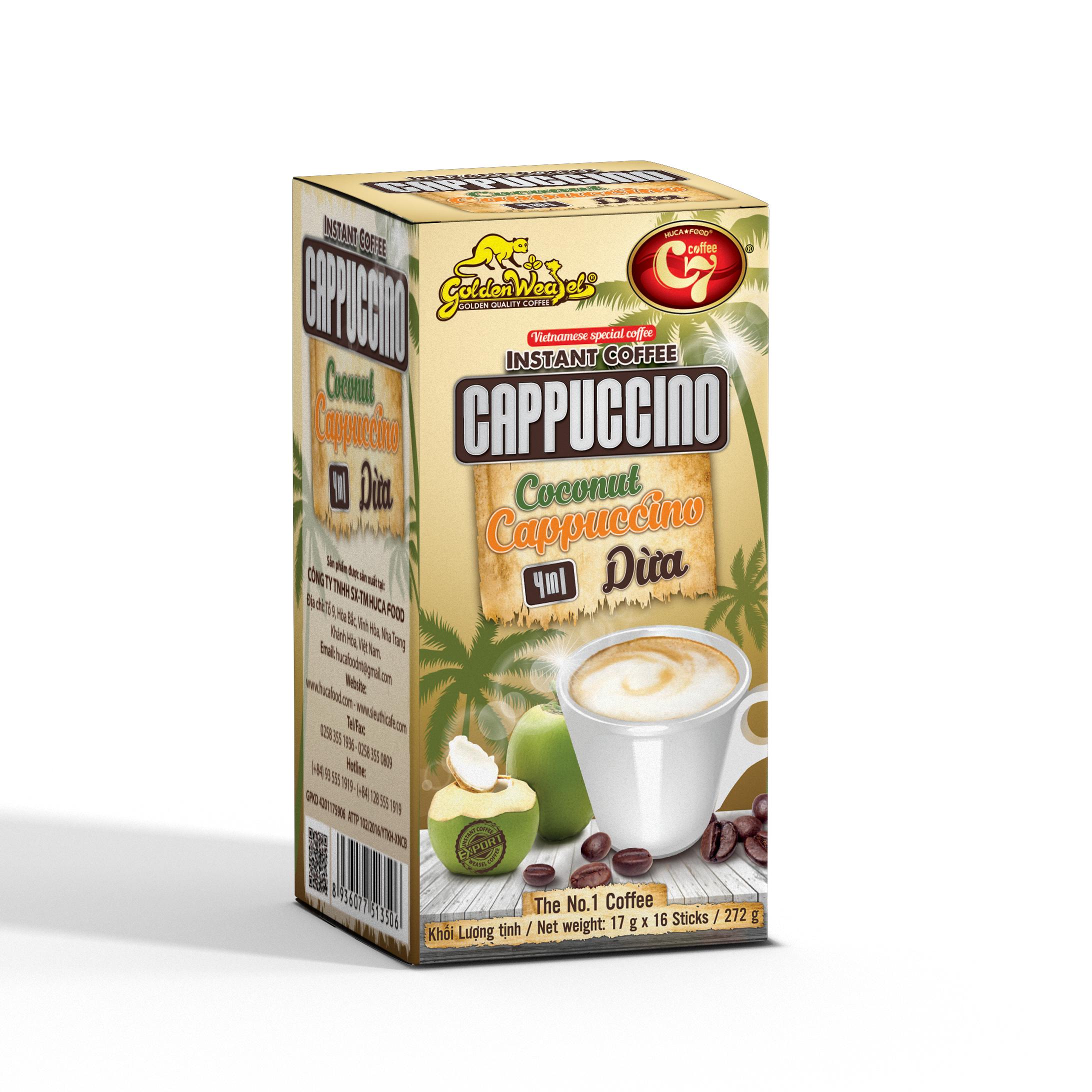 Cà Phê Dừa Hòa Tan 4in1 Cappuccino Con Chồn Vàng - Hộp 16 Gói