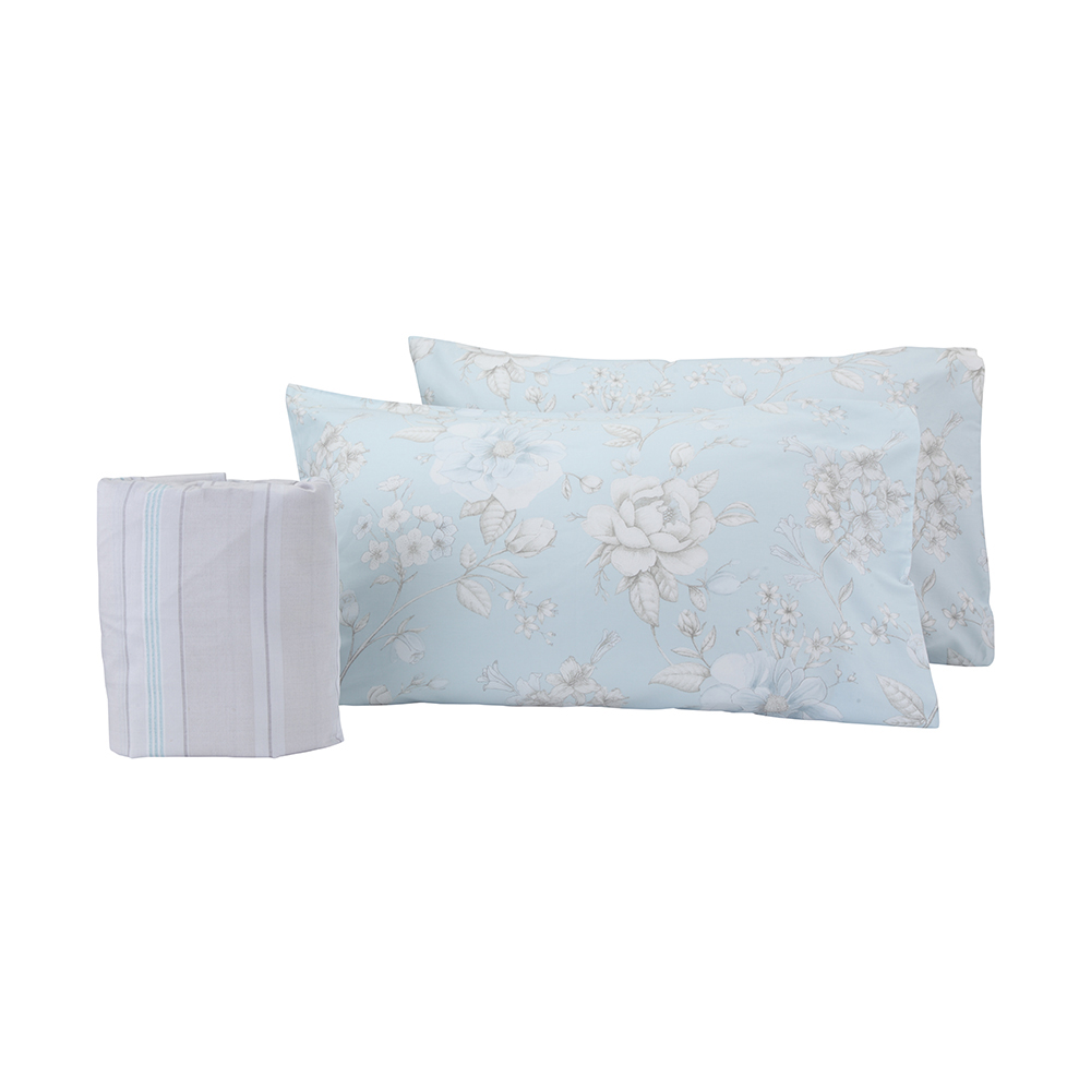 Bộ ga gối 3 món cho giường 1m6 FLOWER vải cotton mềm mịn, màu xanh nhạt kết hợp họa tiết hoa sang trọng | Index Living Mall - Phân phối độc quyền tại Việt Nam